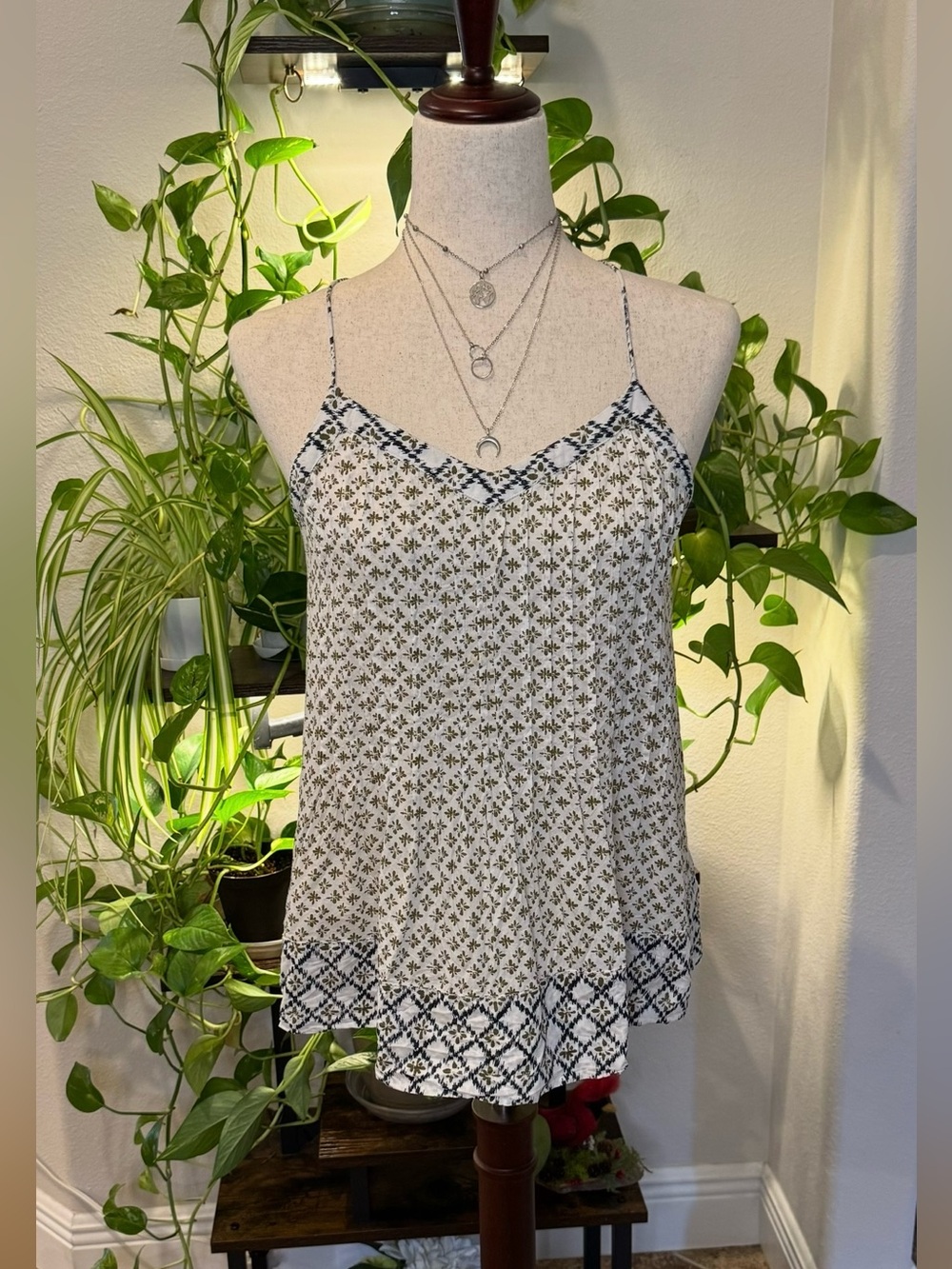 LOFT Cream Spaghetti Strap Printed Cami with Black Detail